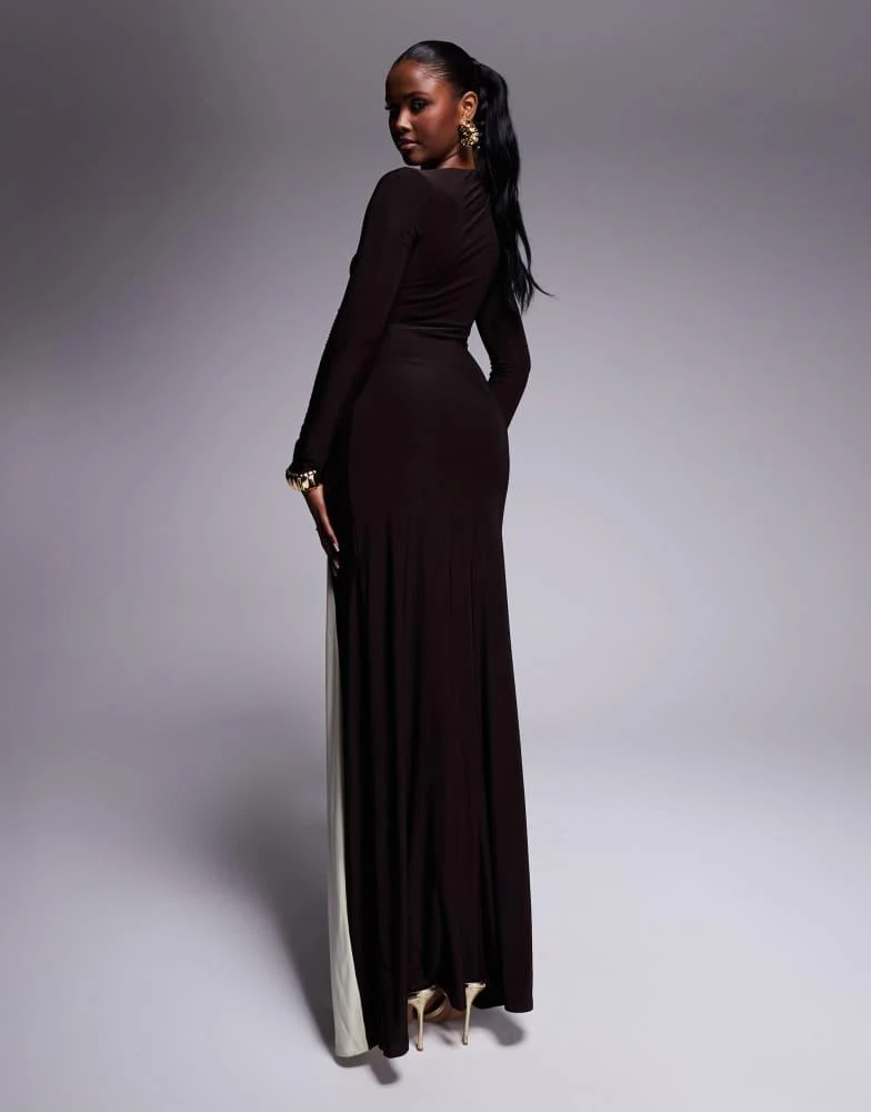 ASOS ASOS DESIGN long sleeve sarong detail maxi dress with contrast sash in chocolate 4