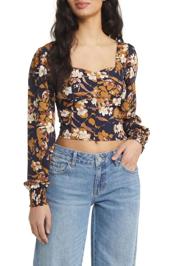 VIGOSS Floral Long Sleeve Sweetheart Neck Top 1