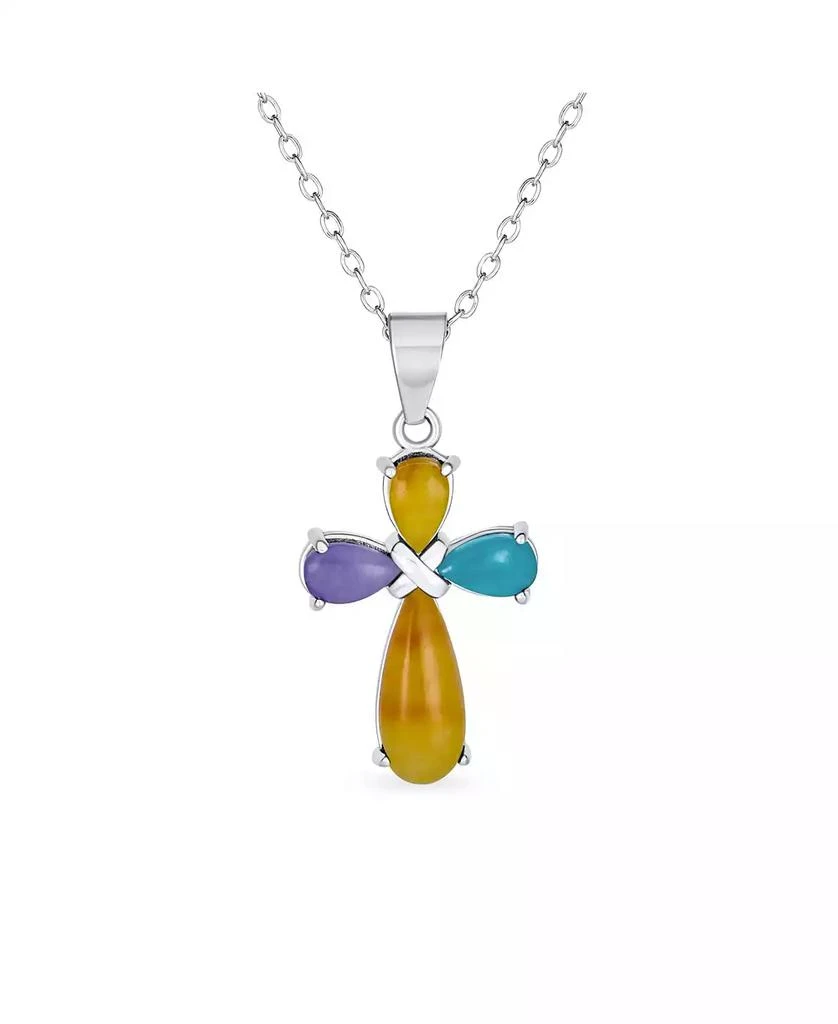 Bling Jewelry Cabochon Gemstones Multi Color Jade Cross Pendant Necklace .925 Sterling Silver