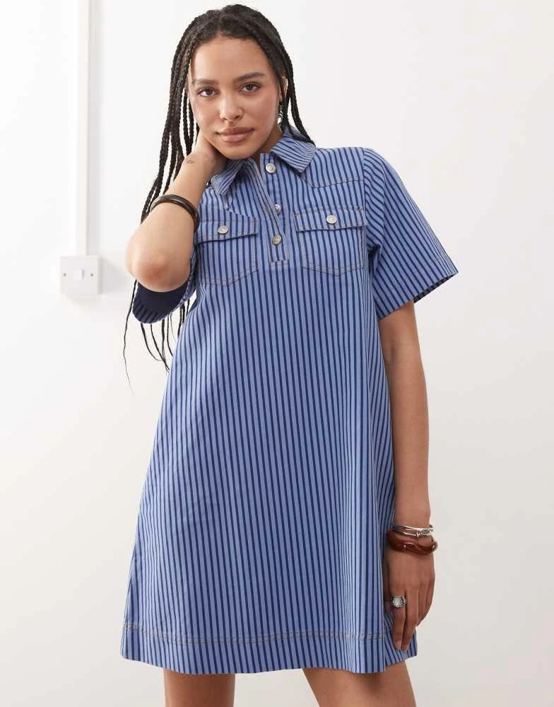 white christmas dresses Navy Pinstripe Button Up Linen Short Dress main image 0