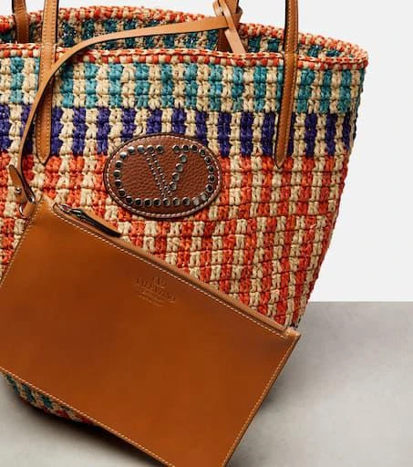 Valentino VLogo leather-trimmed raffia tote bag 6