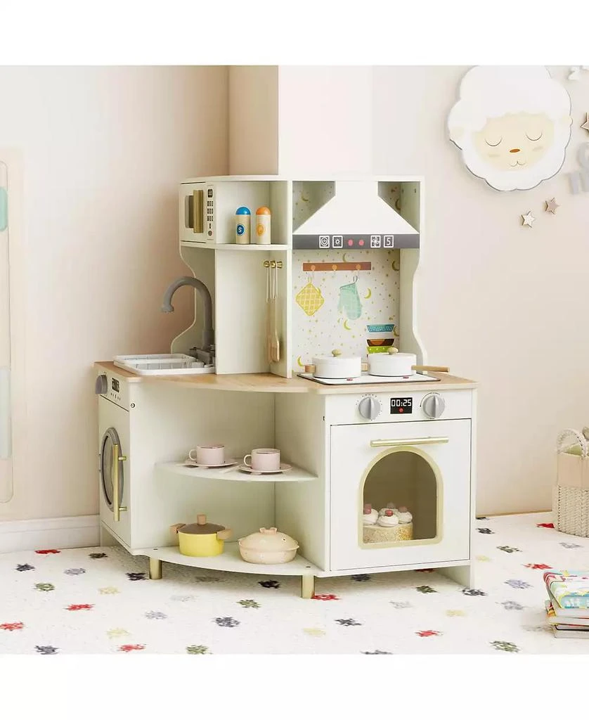 Mecale Kids Play Kitchen, Wooden Corner Kitchen Playset with Working Faucet 
Sink 2