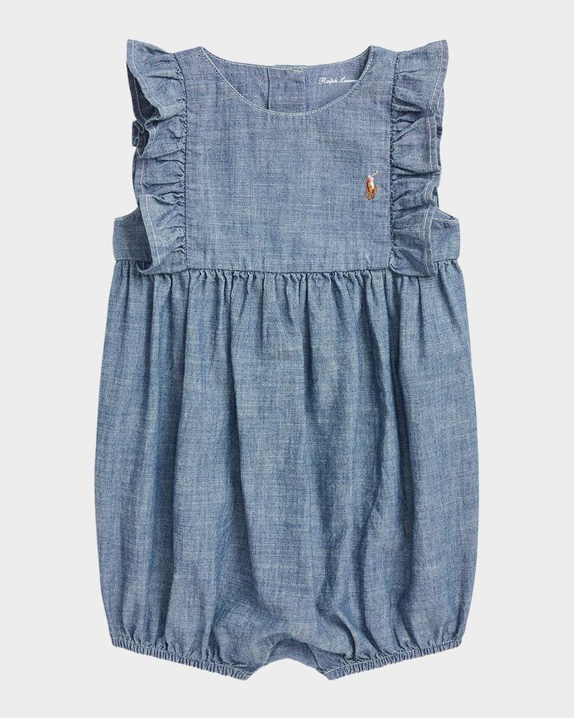 Ralph Lauren Girl's Chambray Ruffle-Trim Bubble Romper, Size 3M-24M