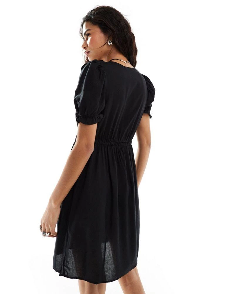 Monki Monki mini smock dress with puff sleeves in black 3