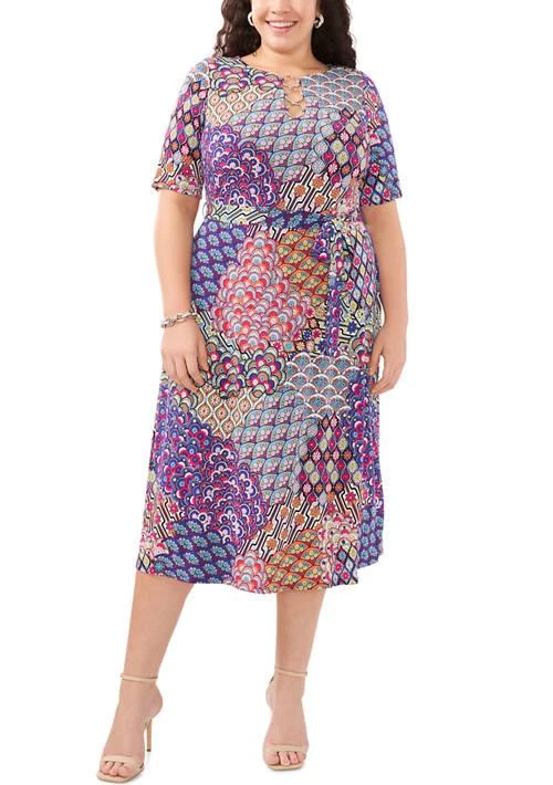 MSK Plus Size Short Sleeve 3 Ring Printed Tie Front Midi Dress from Belk
