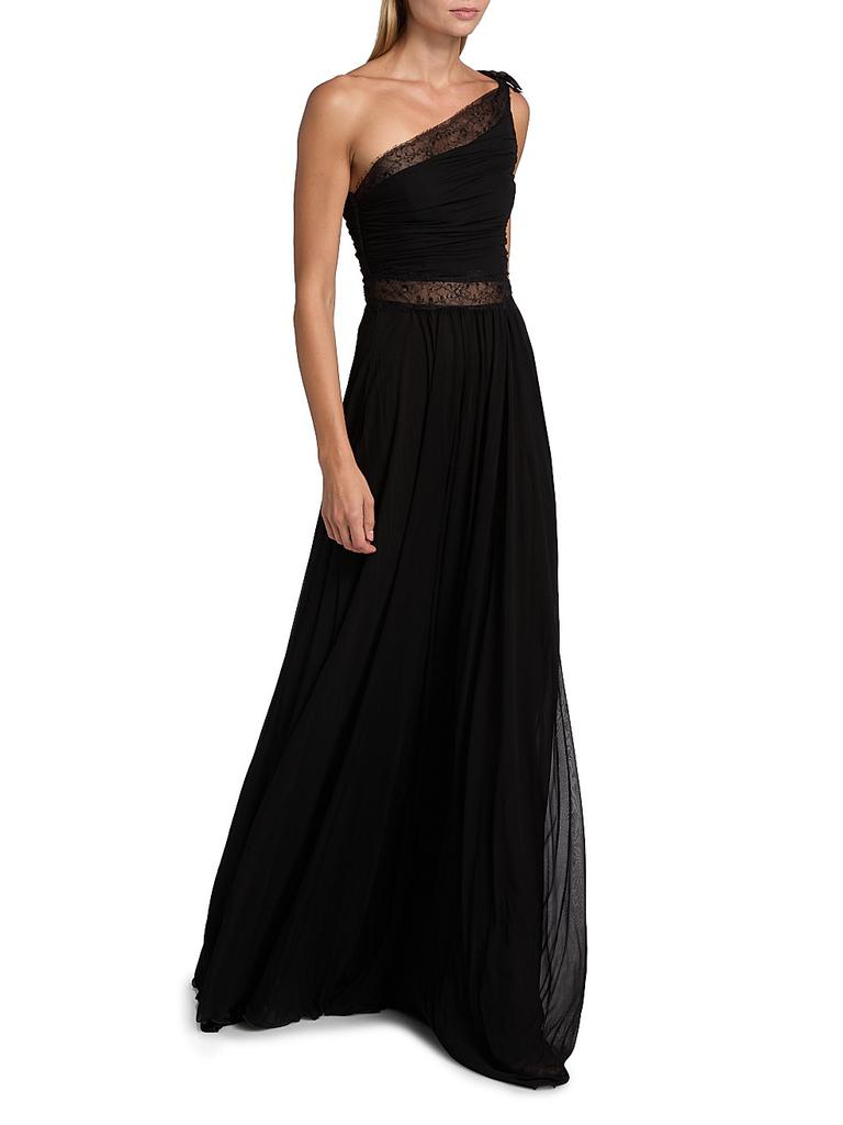 Giambattista Valli One-Shoulder Lace-Trim Ruched Jersey Gown