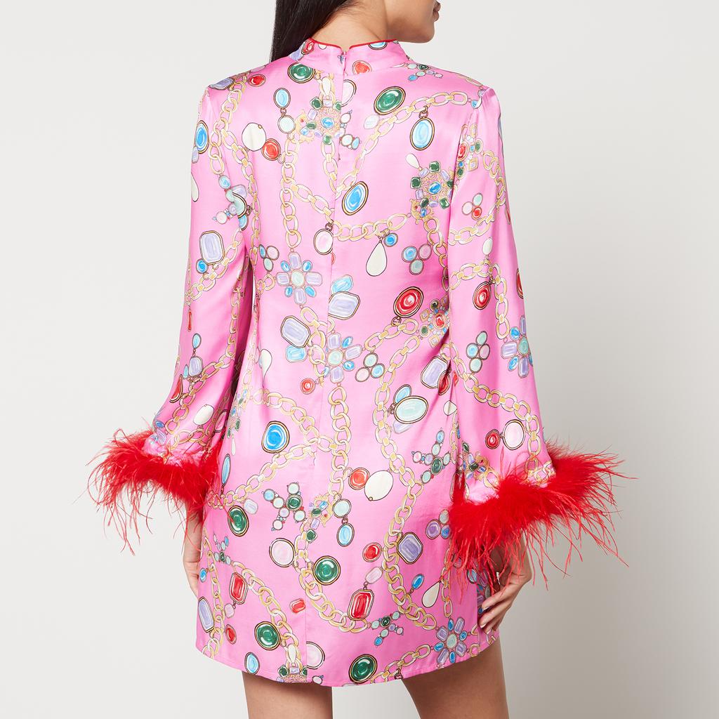 Kitri Carlotta Printed Feather-Trimmed Satin Mini Dress