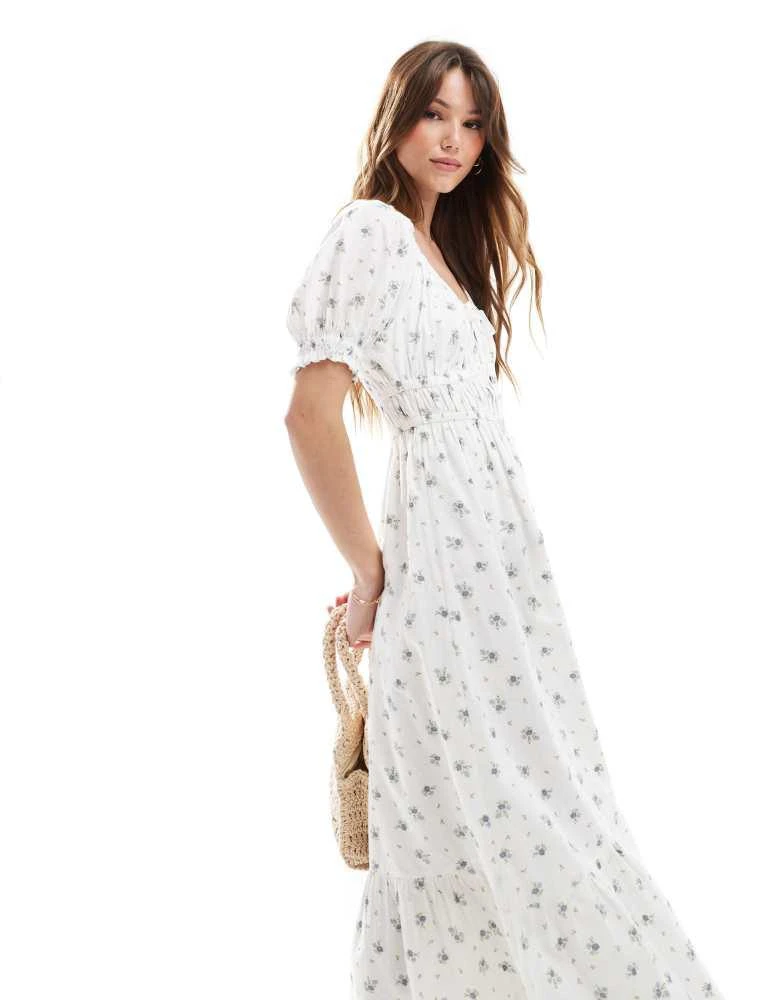New Look New Look milkmaid midi dress in white ditsy floral 2