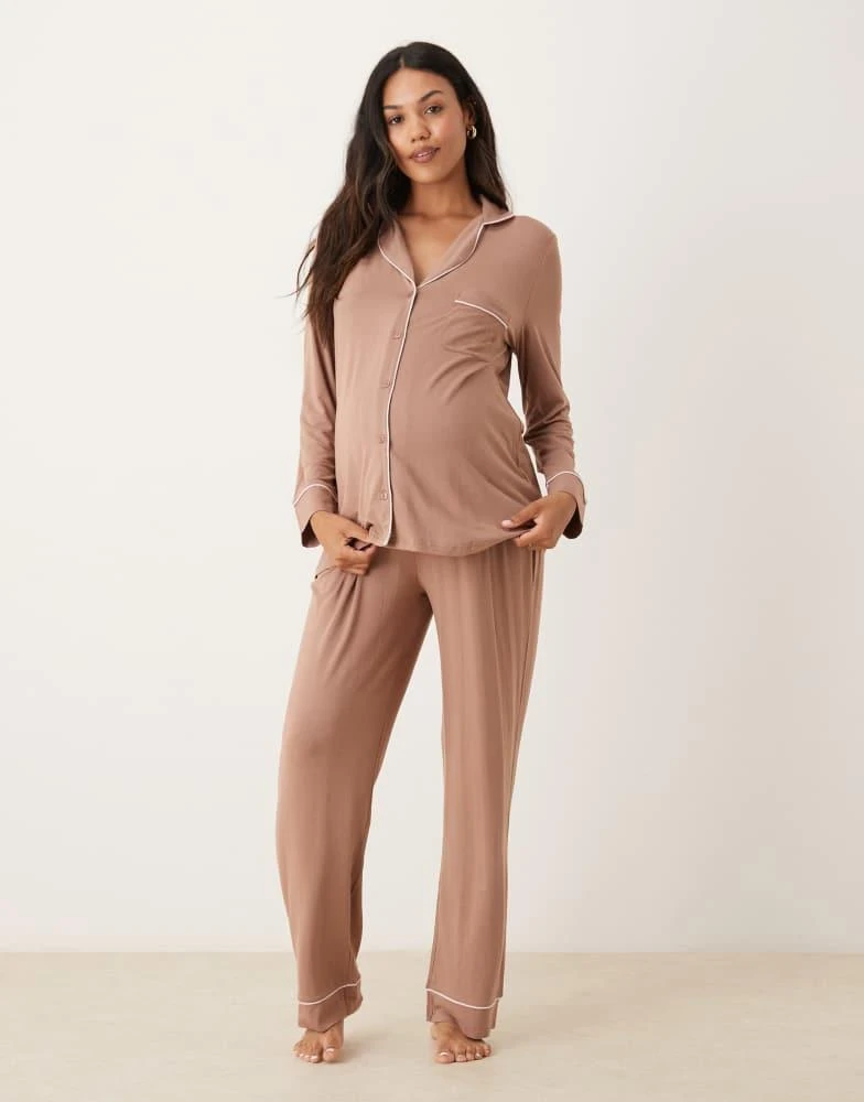 ASOS ASOS DESIGN Maternity long sleeve super soft pyjama set in brown 1