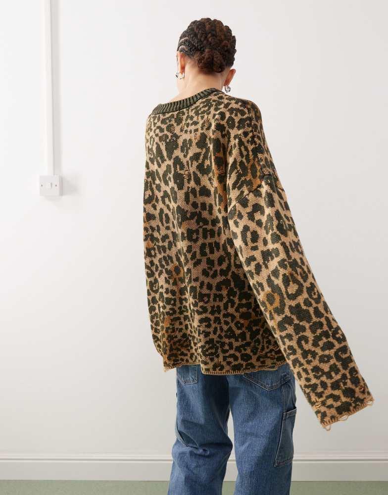 The Ragged Priest The Ragged Priest oversized knitted jumper with distressing in brown leopard