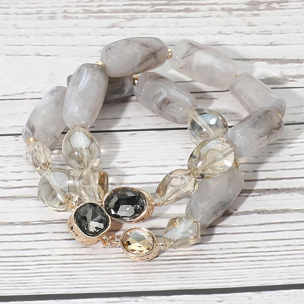 FASHNZFAB 2PCS - Chunky Marbled Resin Pebble Faceted Stone Beaded Stretch Multi Layered Bracelets 2