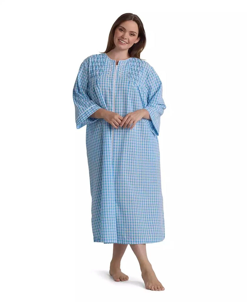 Miss Elaine Plus Size Window Pane Printed Long Zip Robe