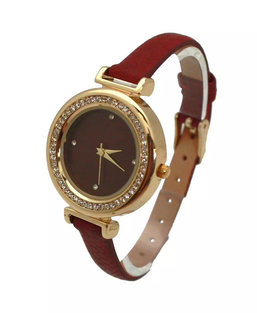 Olivia Pratt Burgundy Thin Solid Color Strap and Rhinestones Women Watch
