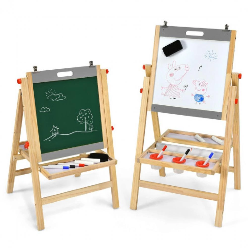 Hivvago Kids Art Easel with Paper Roll Double Sided Chalkboard and Whiteboard-Gray 4