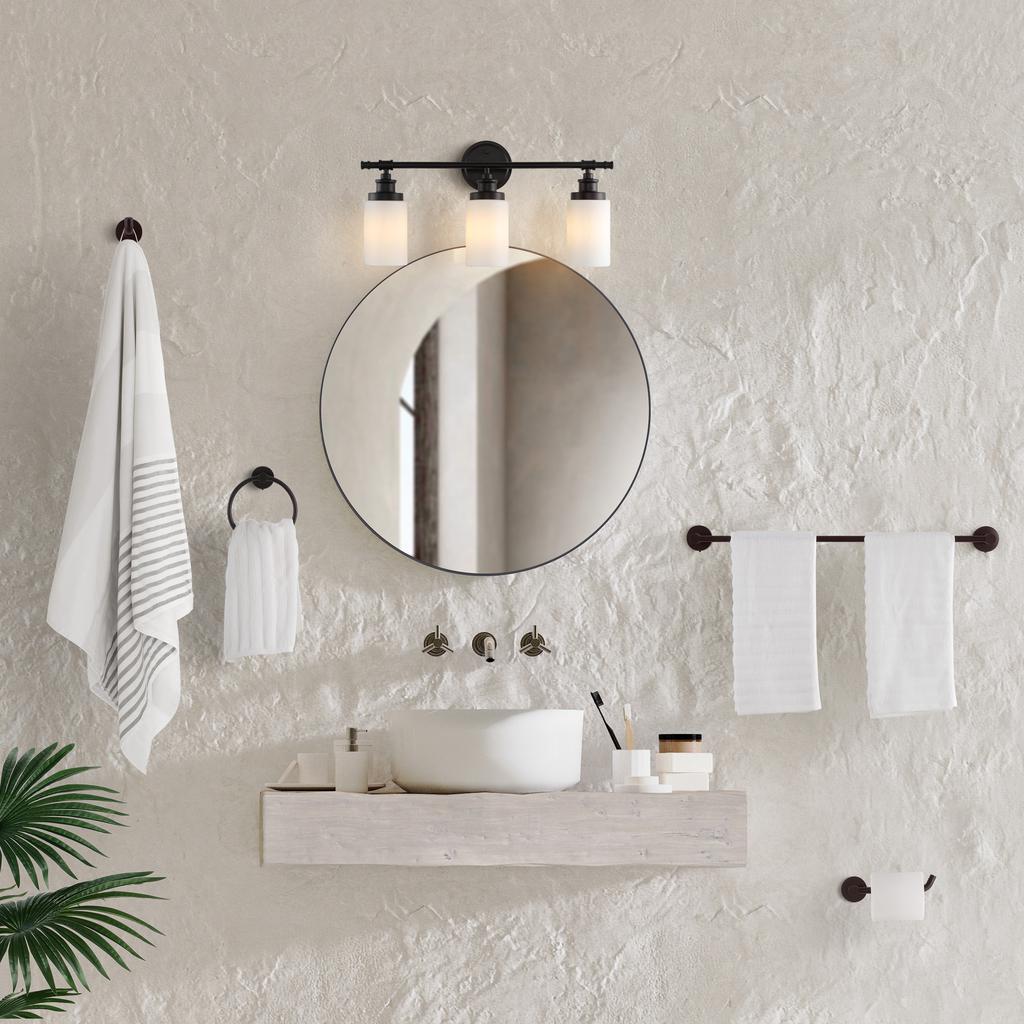 JONATHAN Y Egan 23.25" 3-Light Classic Cottage Vanity Light with Frosted Glass Shades and Bathroom Hardware Accessory Set, Oil Rubbed Bronze (5-Piece)
