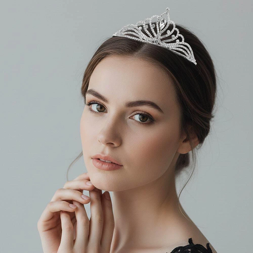 FASHNZFAB Marquise Stone Center Rhinestone Pave Princess Tiara