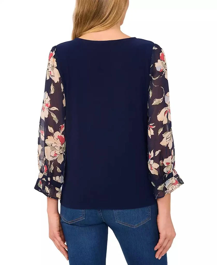CeCe Women's V-Neck Mixed-Media Floral-Sleeve Top 2