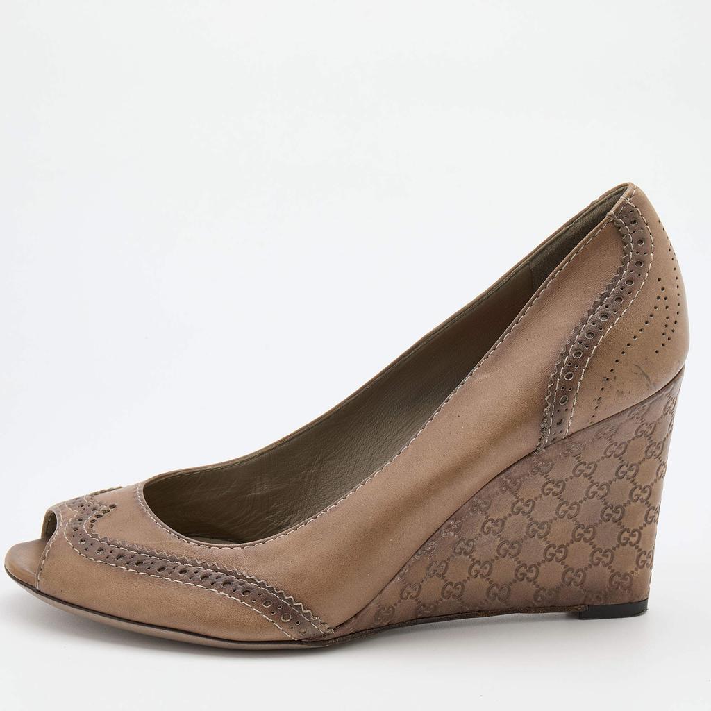 Gucci Gucci Brown Brogue Leather Open Toe Microguccissima Wedge Pumps Size 38.5