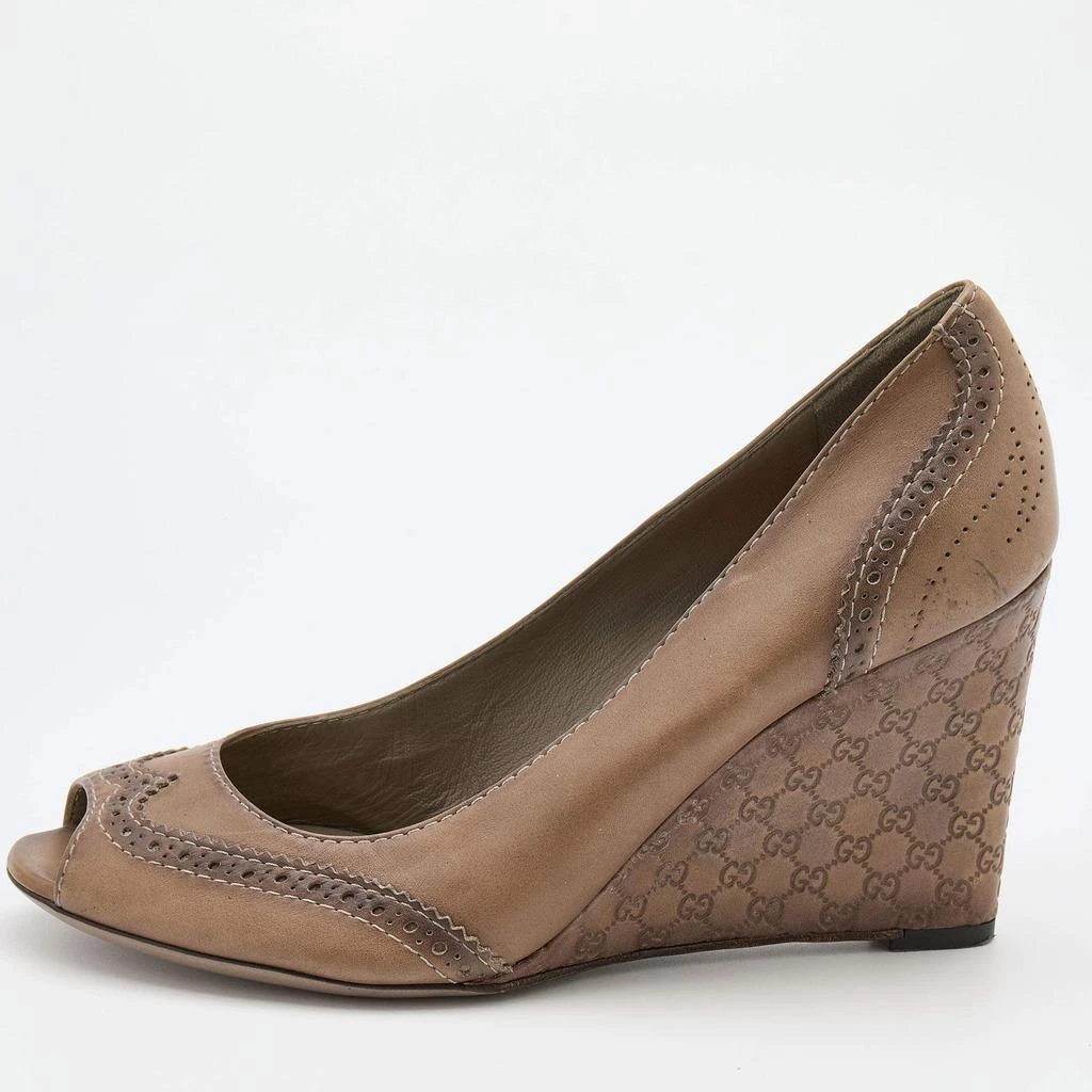Gucci Gucci Brown Brogue Leather Open Toe Microguccissima Wedge Pumps Size 38.5 1