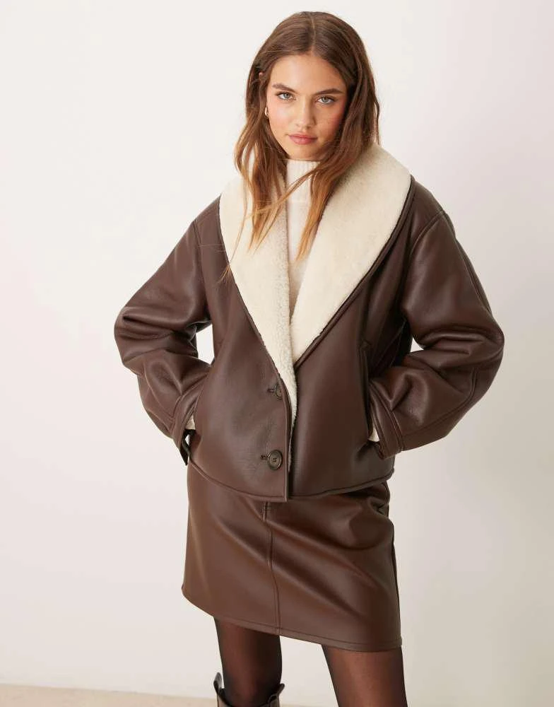 ASOS ASOS DESIGN shawl collar cropped shearling jacket in brown 1