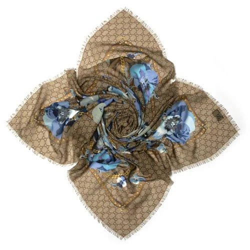 Gucci Gucci - Beige/Blue GG Floral Print Wool Scarf 2