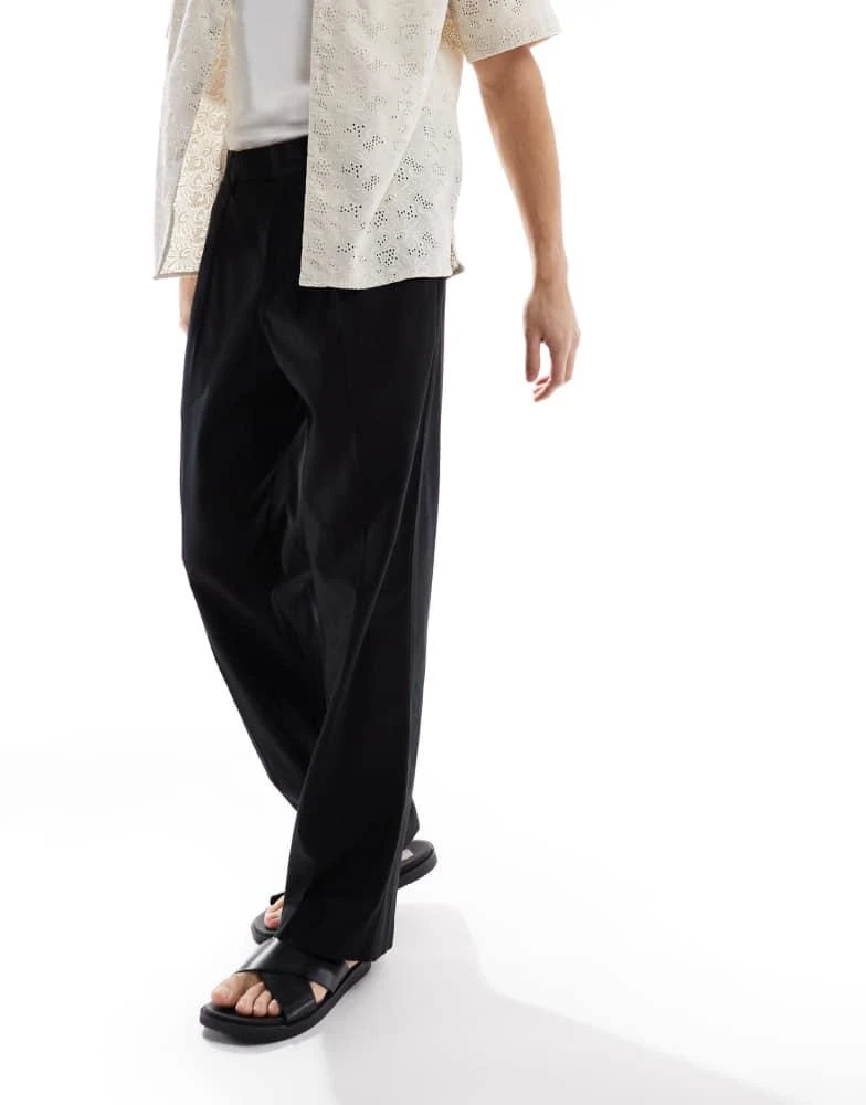 ASOS ASOS DESIGN smart wide leg linen blend trousers with front pleat in black 3