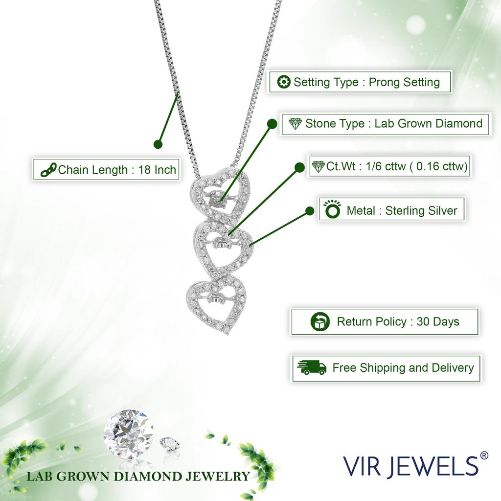 Vir Jewels 1/6 cttw Lab Grown Diamond Triple Heart Pendant Necklace .925 Sterling Silver 1/4 Inch With 18 Inch Chain