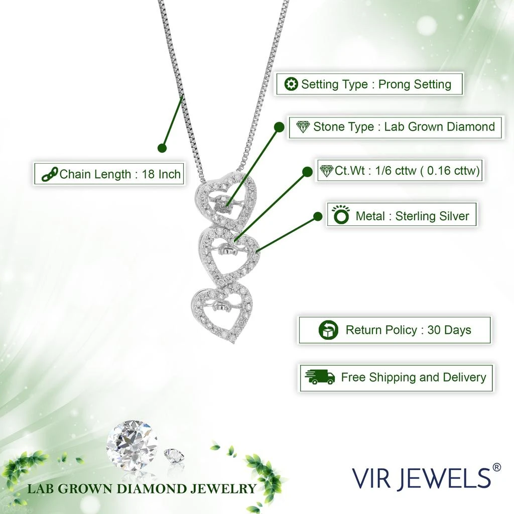 Vir Jewels 1/6 cttw Lab Grown Diamond Triple Heart Pendant Necklace .925 Sterling Silver 1/4 Inch With 18 Inch Chain 2