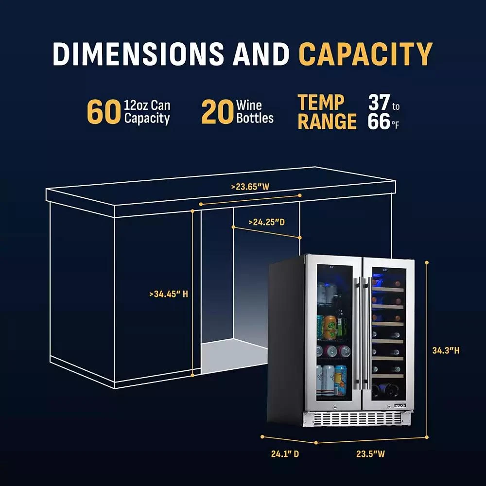 Newair 24 Inch Premium Built-in Dual Zone 20 Bottle and 60 Can French Door Wine and Beverage Fridge in Stainless Steel with SplitShelf 7