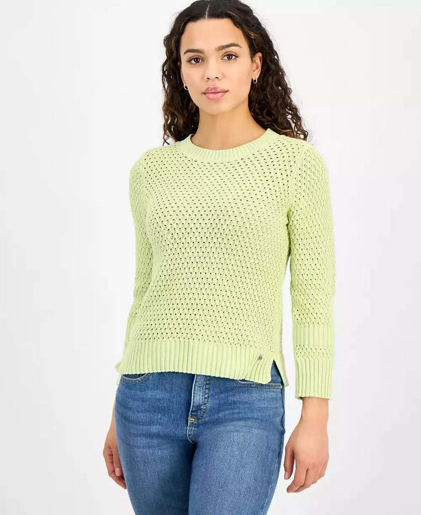 DKNY Petite Cotton Open-Stitch Vented-Hem Sweater 1