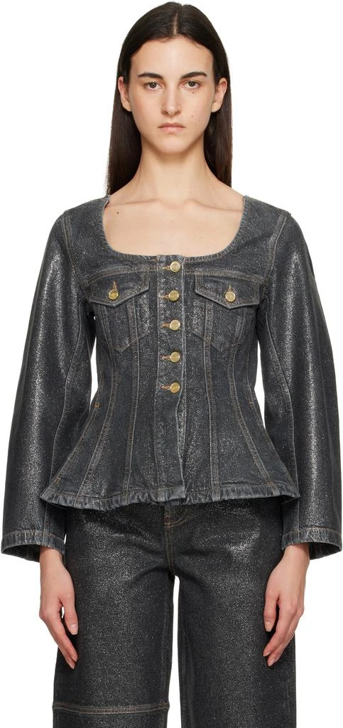 Ganni Black Shimmery Foil Denim Blazer 1
