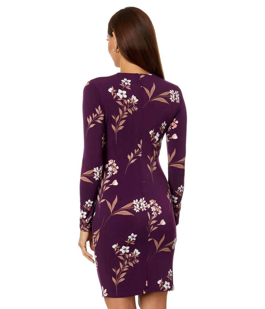 Calvin Klein Matte Jersey V-Neck Dress with Gold V-Bar and Side Ruching