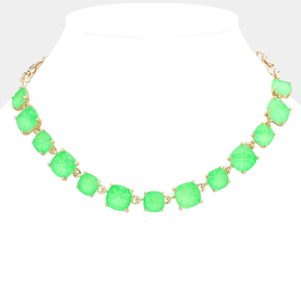 FASHNZFAB Cushion Square Stone Link Evening Necklace