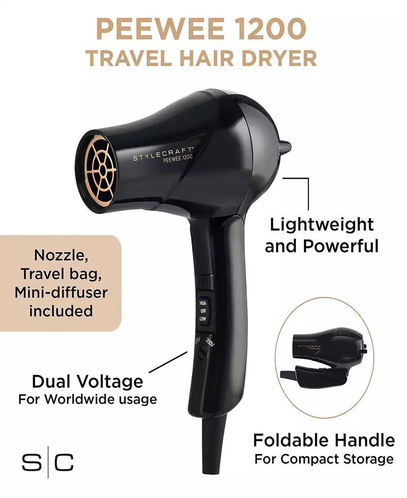 StyleCraft Professional Peewee 1200 Folding Handle Dual Voltage Compact Travel Hair Dryer with Nozzle, Diffuser, and Travel Bag 3