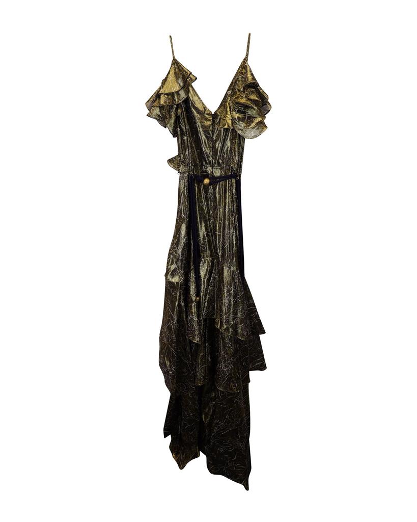 PETER PILOTTO V-Neck Ruffled Dress in Gold Silk