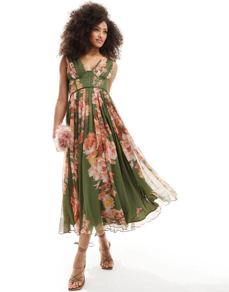 ASOS ASOS DESIGN corset plunge pleated midi dress with button detail in green floral print 1