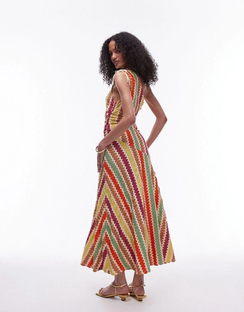 Topshop Topshop crochet one shoulder ruched side midi dress in multi stripe 3