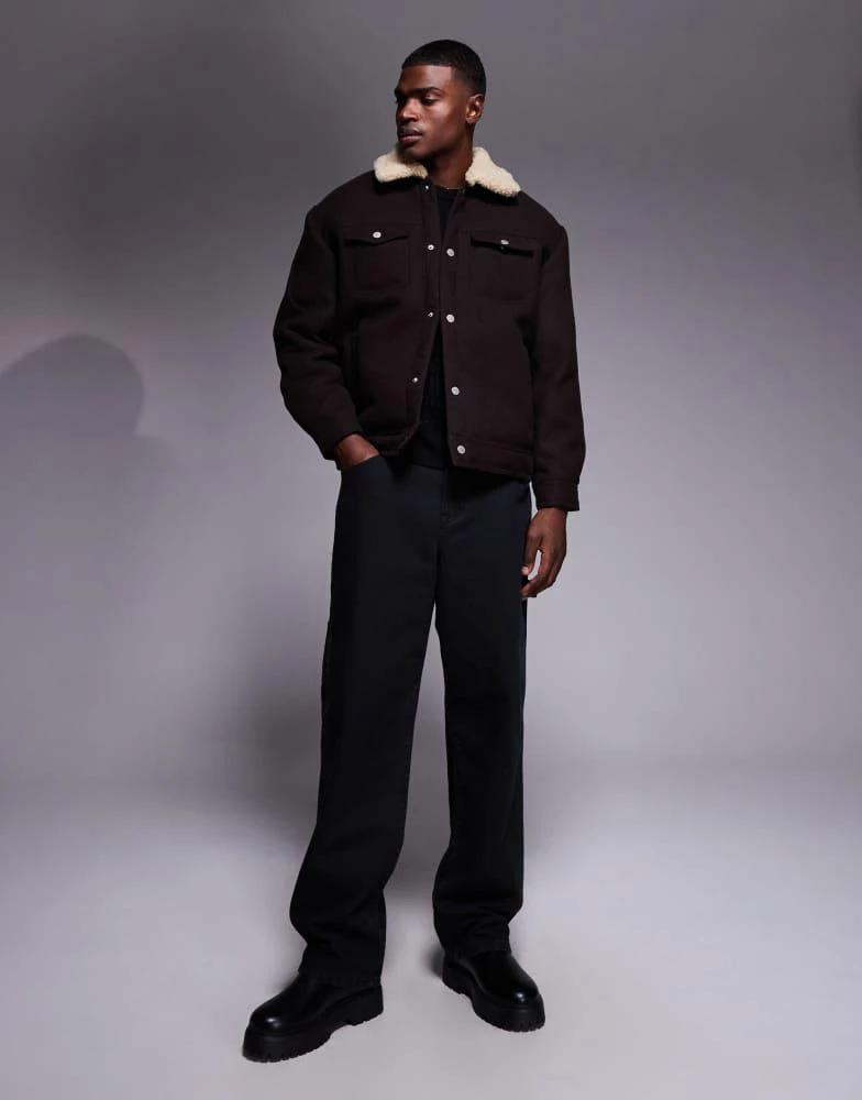 ASOS ASOS DESIGN relaxed wool look harrington jacket with borg lining in brown 2