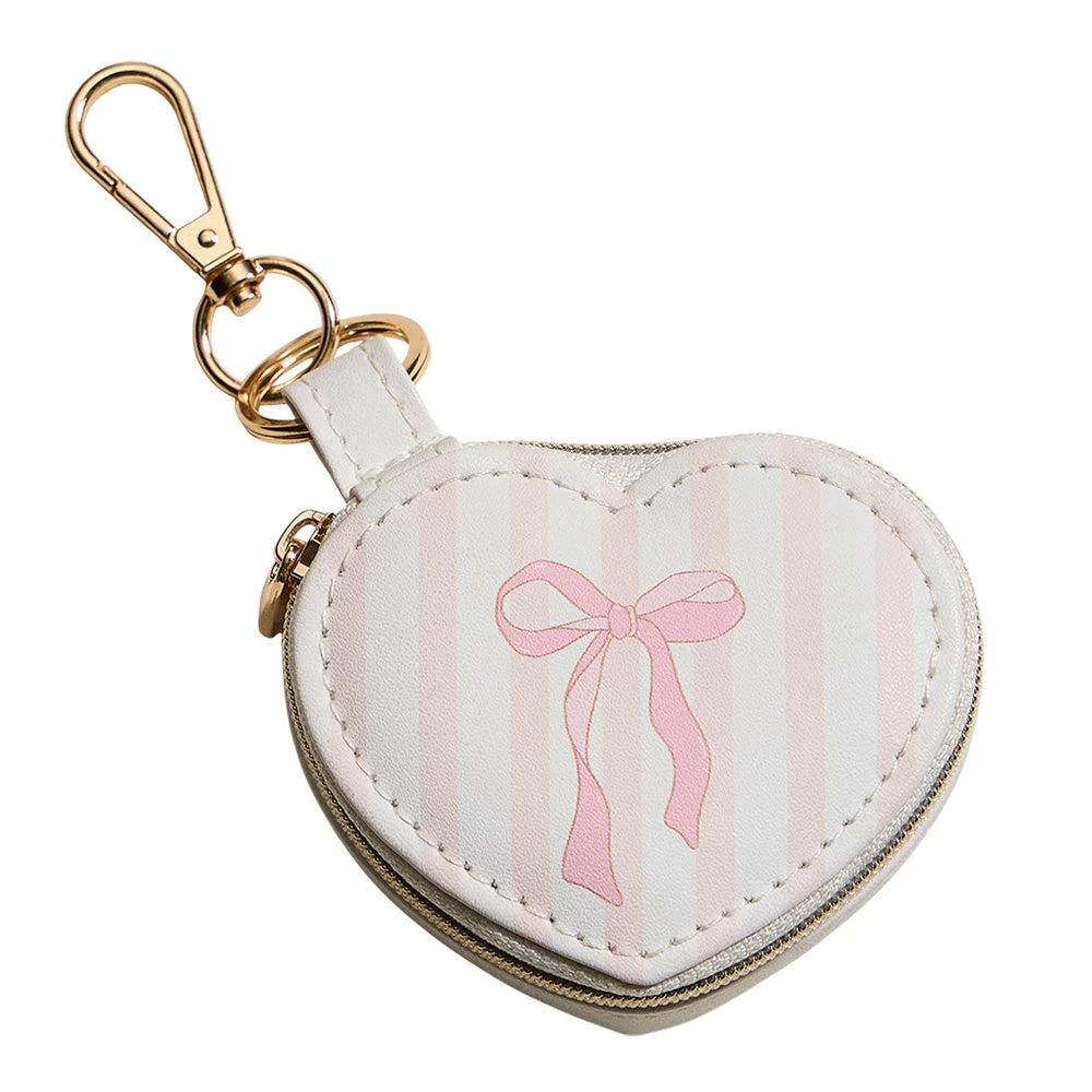 FASHNZFAB Bow Accent Striped Printed Heart Shaped Jewelry Case Keychain Bag Charm 2