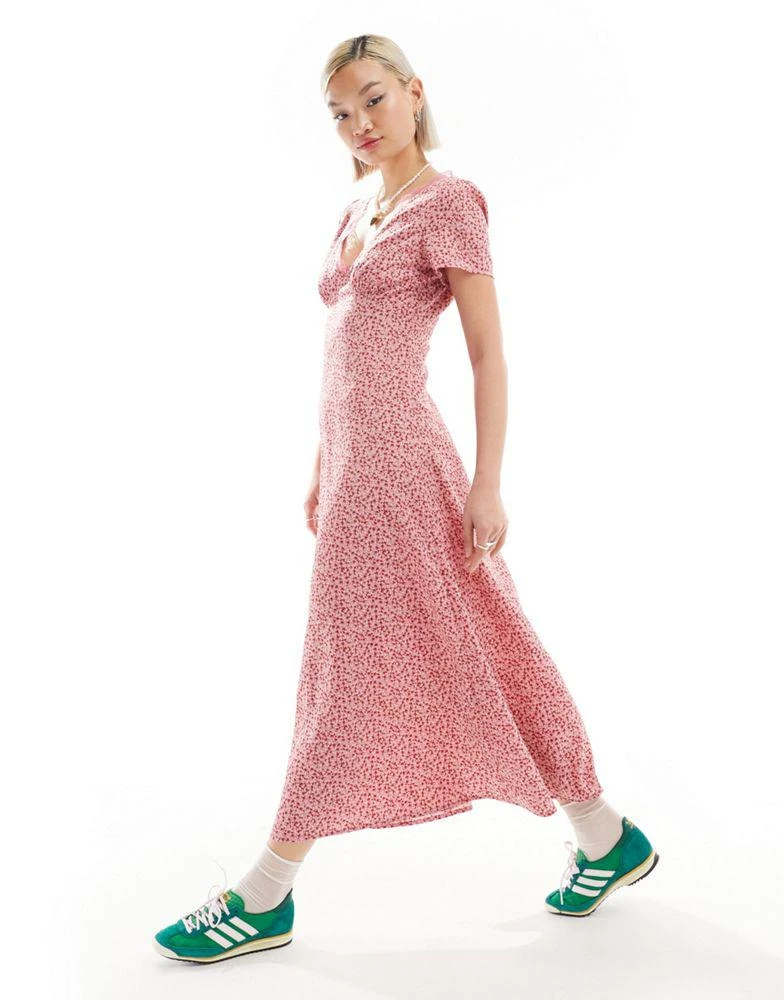 Glamorous Glamorous v neck lace trim midi tea dress in pink ditsy floral 2