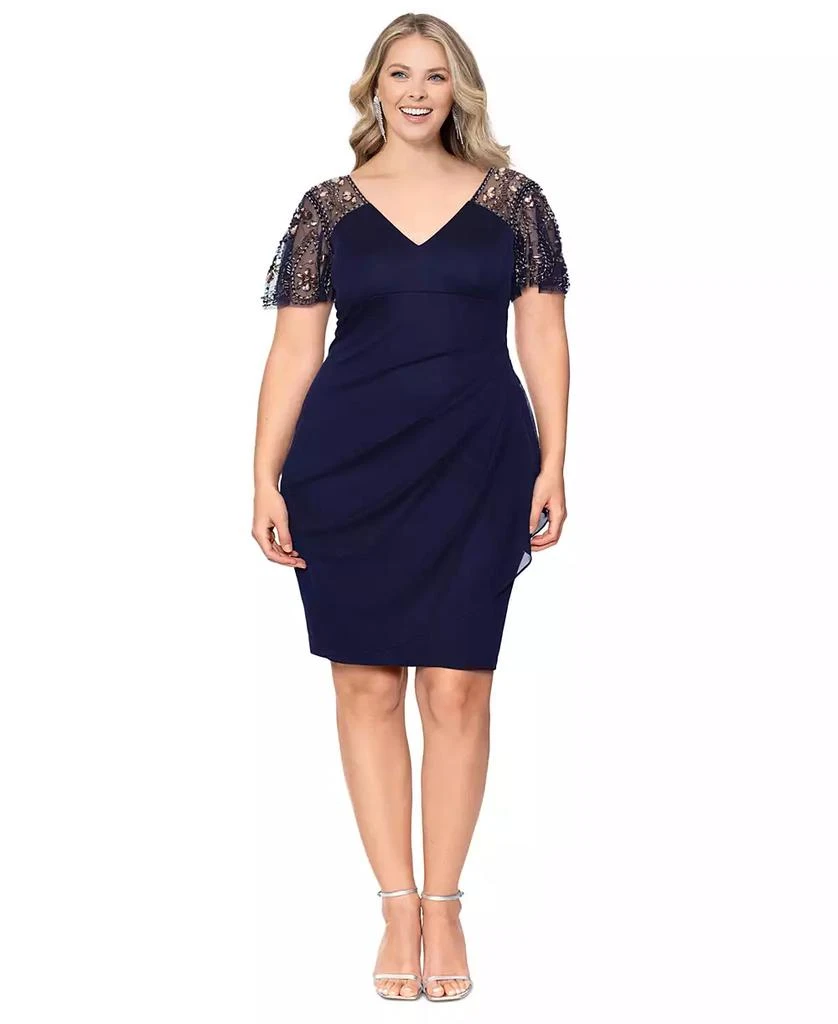 XSCAPE Plus Size Beaded Flutter-Sleeve Dress 1