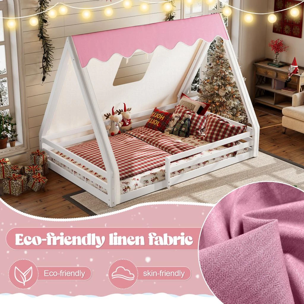 Streamdale Furniture Streamdale Full Size House Floor Bed with Tent and Light, Solid Wood Teepee Design, White+Pink 6
