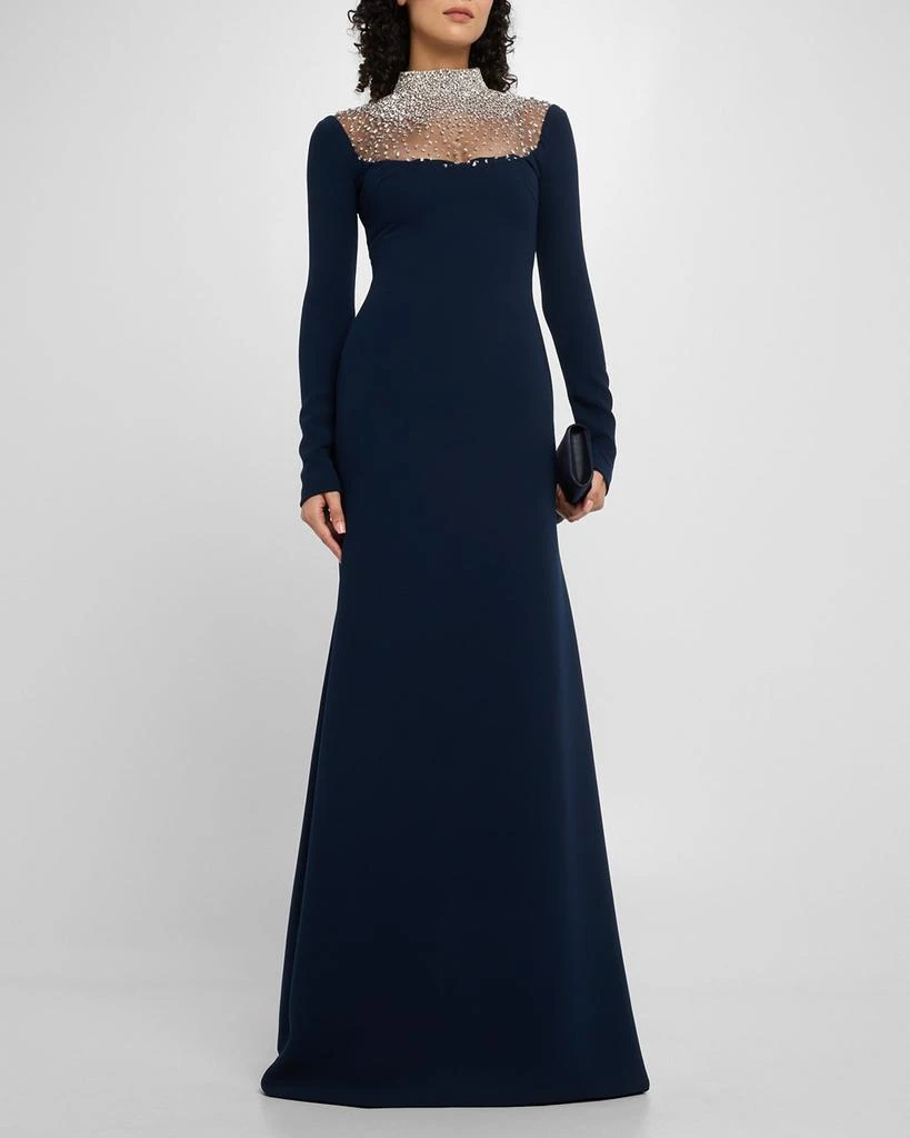 Naeem Khan Crystal Beaded Crepe Long-Sleeve Illusion Gown 2