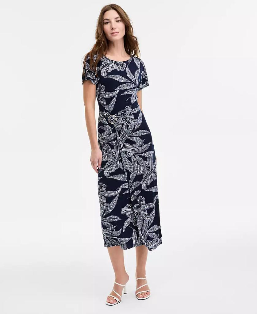 Robbie Bee Women's Printed Round-Neck Faux-Wrap Dress