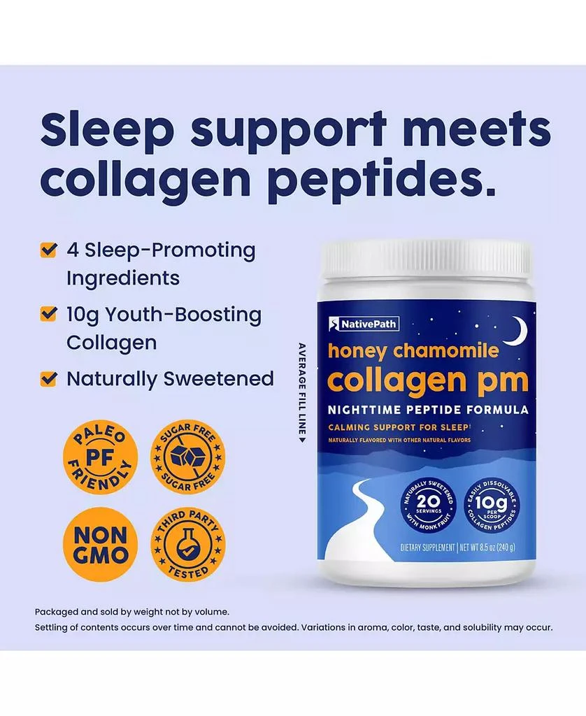 NativePath Collagen PM - Honey Chamomile Nighttime Collagen Peptides Powder with Magnesium, GABA, L-Theanine and Melatonin - 20 Servings 2