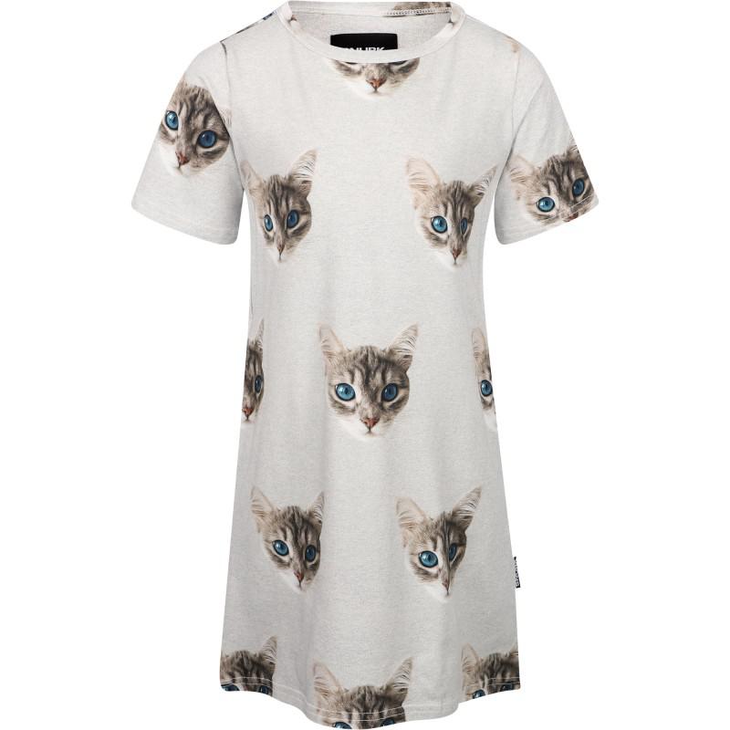 Snurk All over cat print summer girls dress with site pockets in grey