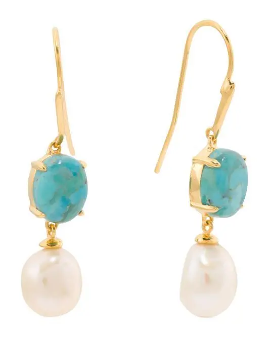 SHIVAM Made In India 14kt Plated Pearl And Turquoise Drop Earrings