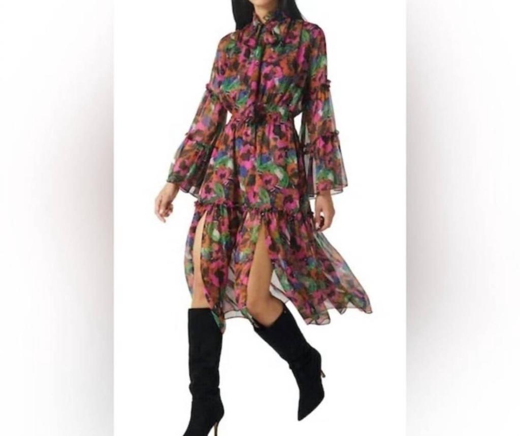 MISA Misa Los Angeles - Merce Ruffle Neck Floral Tiered Midi Dress