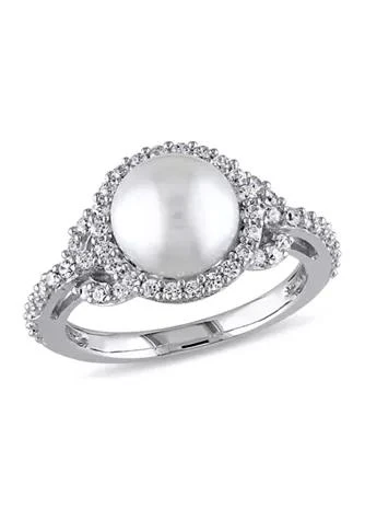 Belk 
Co. 8.5 - 9 MM White Cultured Freshwater Pearl and Cubic Zirconia Halo Ring in Sterling Silver