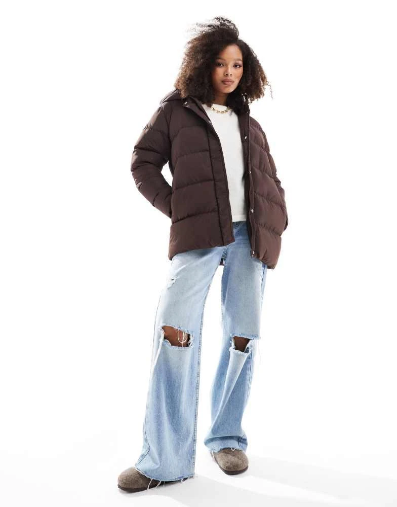 Threadbare Threadbare mid length puffer jacket in brown 2